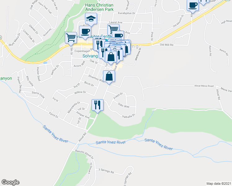 map of restaurants, bars, coffee shops, grocery stores, and more near 5 Esrom Drive in Solvang