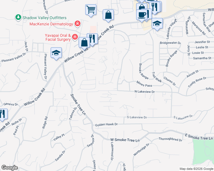map of restaurants, bars, coffee shops, grocery stores, and more near 510 Goshawk Way in Prescott