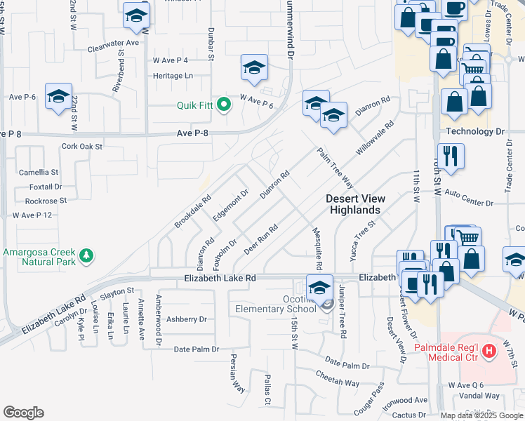 map of restaurants, bars, coffee shops, grocery stores, and more near 38953 Foxholm Drive in Palmdale
