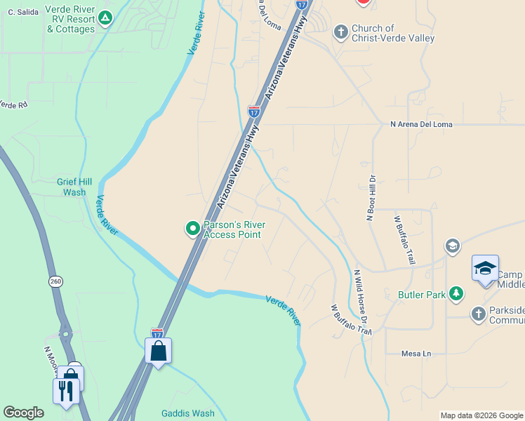 map of restaurants, bars, coffee shops, grocery stores, and more near 1225 West Buffalo Trail in Camp Verde