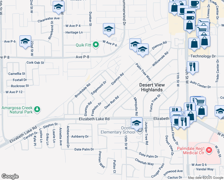 map of restaurants, bars, coffee shops, grocery stores, and more near 38953 Foxholm Drive in Palmdale