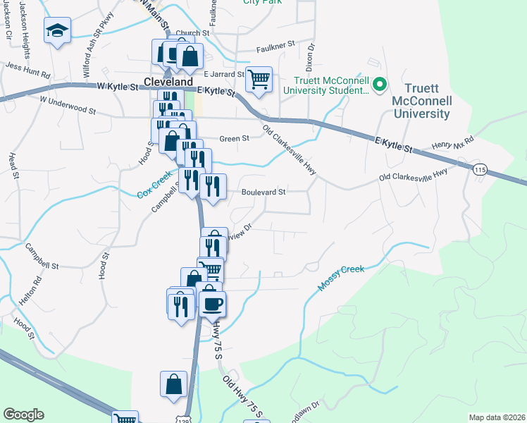 map of restaurants, bars, coffee shops, grocery stores, and more near 79 Pine Crest Circle in Cleveland