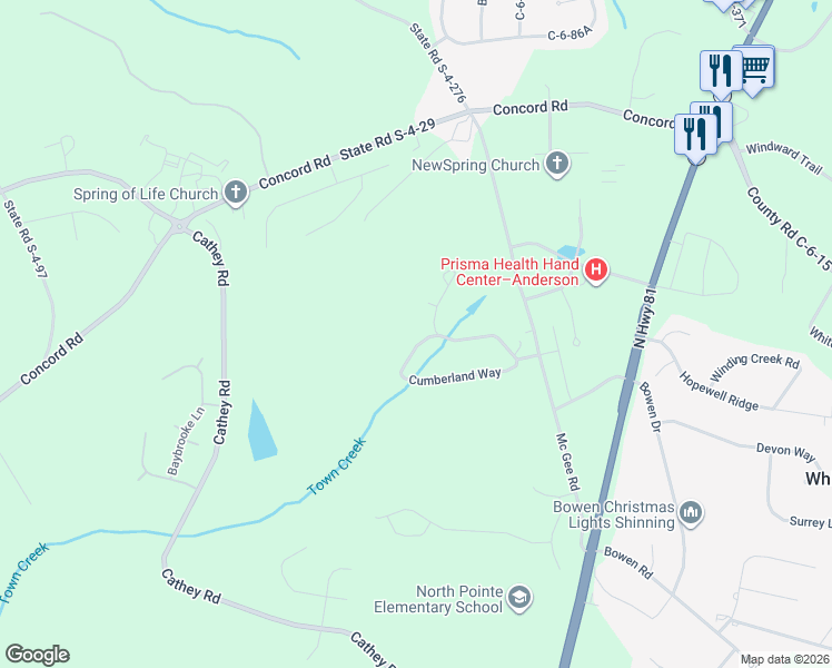 map of restaurants, bars, coffee shops, grocery stores, and more near 304 Cumberland Way in Anderson