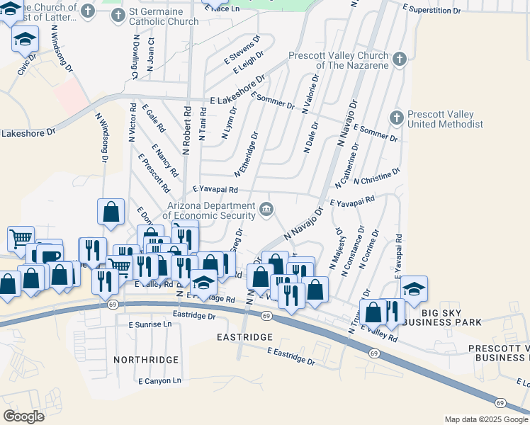 map of restaurants, bars, coffee shops, grocery stores, and more near 8501 East Yavapai Road in Prescott Valley