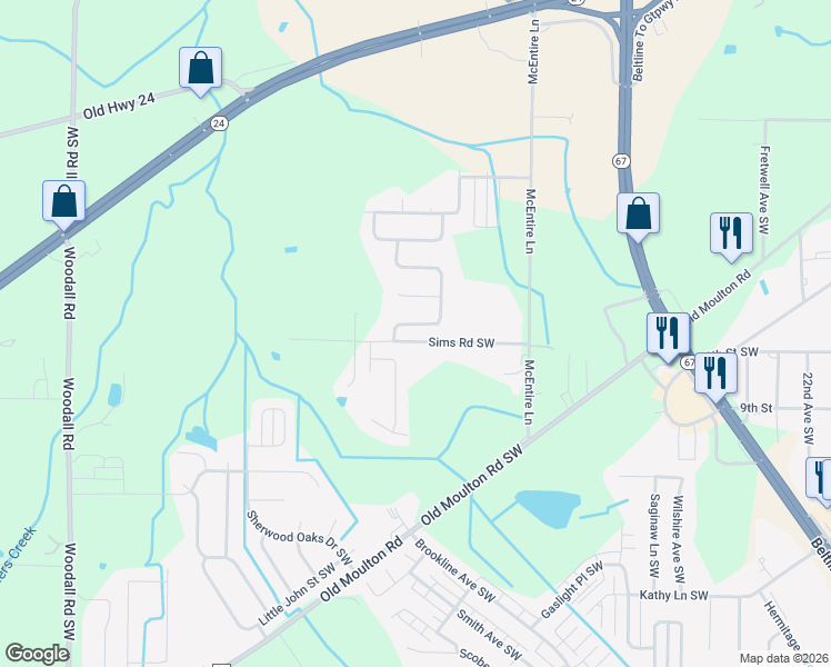 map of restaurants, bars, coffee shops, grocery stores, and more near 120 Sims Road Southwest in Decatur