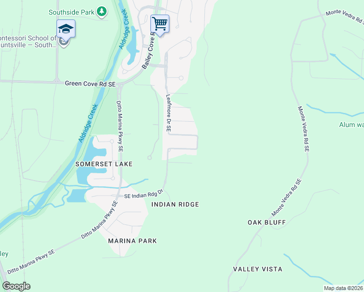 map of restaurants, bars, coffee shops, grocery stores, and more near 741 Indian Ridge Drive Southeast in Huntsville