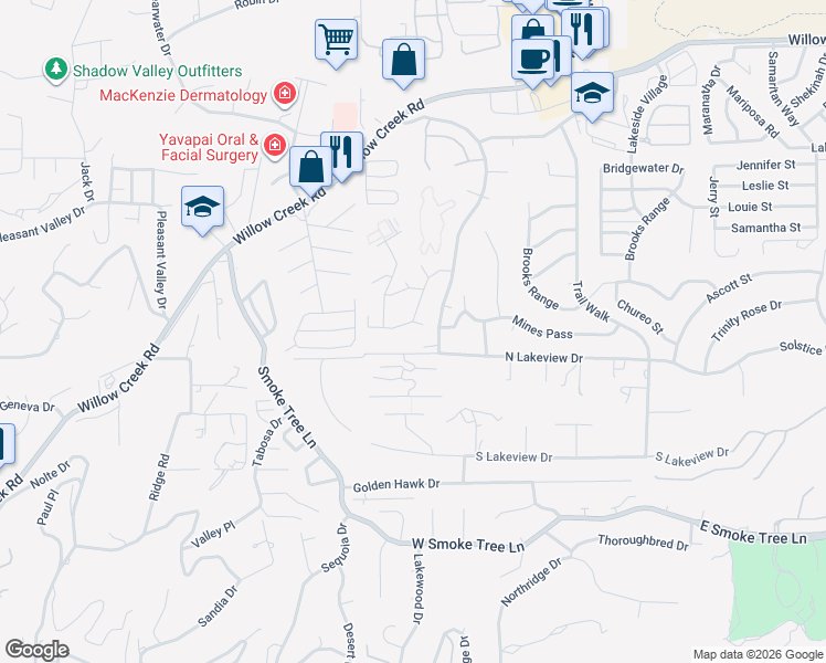 map of restaurants, bars, coffee shops, grocery stores, and more near 3090 Montana Court in Prescott