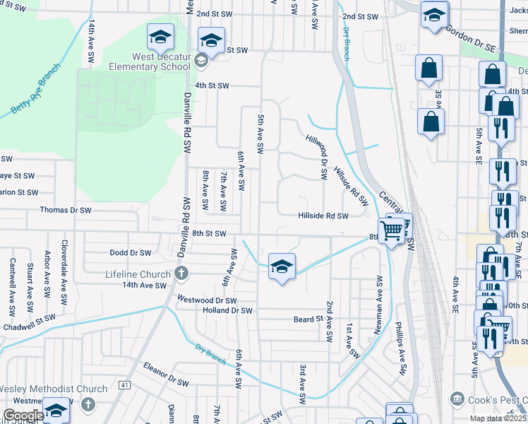 map of restaurants, bars, coffee shops, grocery stores, and more near 1104 5th Avenue Southwest in Decatur