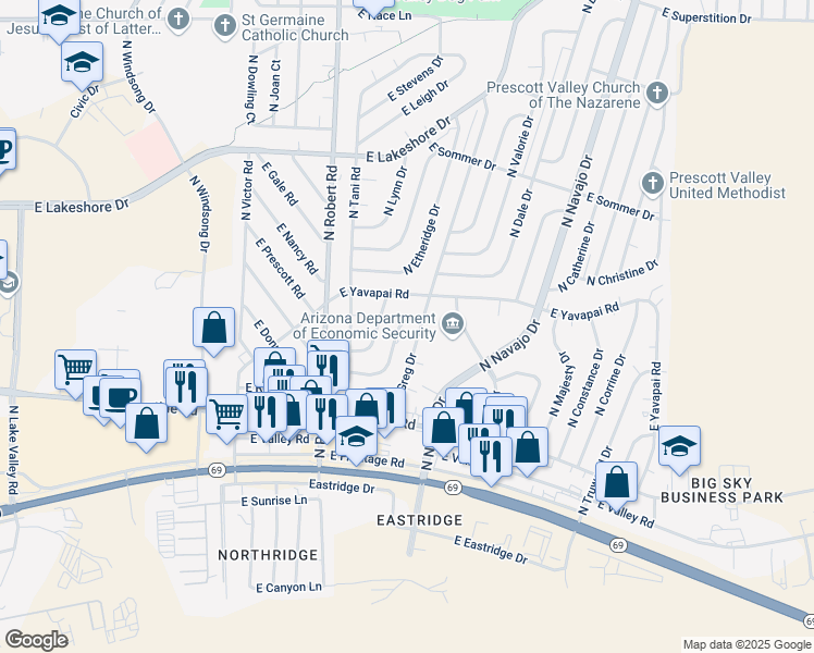 map of restaurants, bars, coffee shops, grocery stores, and more near 3248 North Greg Drive in Prescott Valley