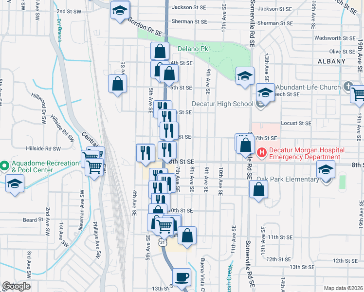 map of restaurants, bars, coffee shops, grocery stores, and more near 1120 7th Avenue Southeast in Decatur