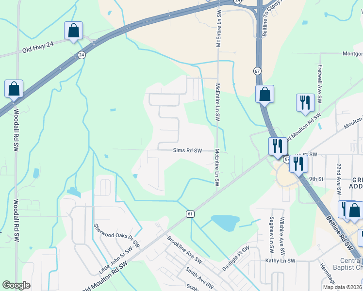 map of restaurants, bars, coffee shops, grocery stores, and more near 80 Sims Road Southwest in Decatur