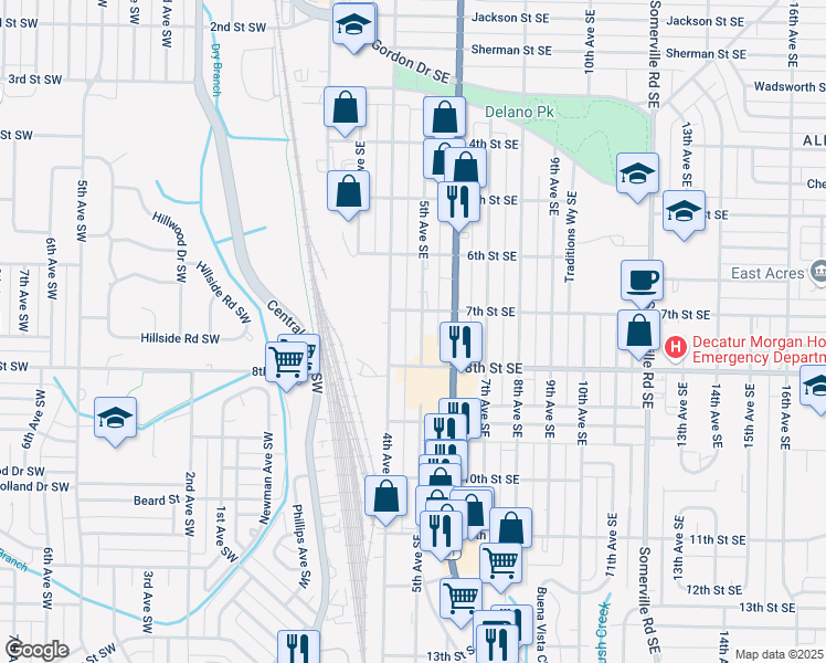 map of restaurants, bars, coffee shops, grocery stores, and more near 1121 5th Avenue Southeast in Decatur