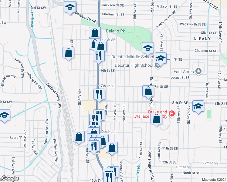 map of restaurants, bars, coffee shops, grocery stores, and more near 1107 8th Avenue Southeast in Decatur