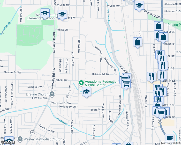 map of restaurants, bars, coffee shops, grocery stores, and more near 312 Hillside Road Southwest in Decatur