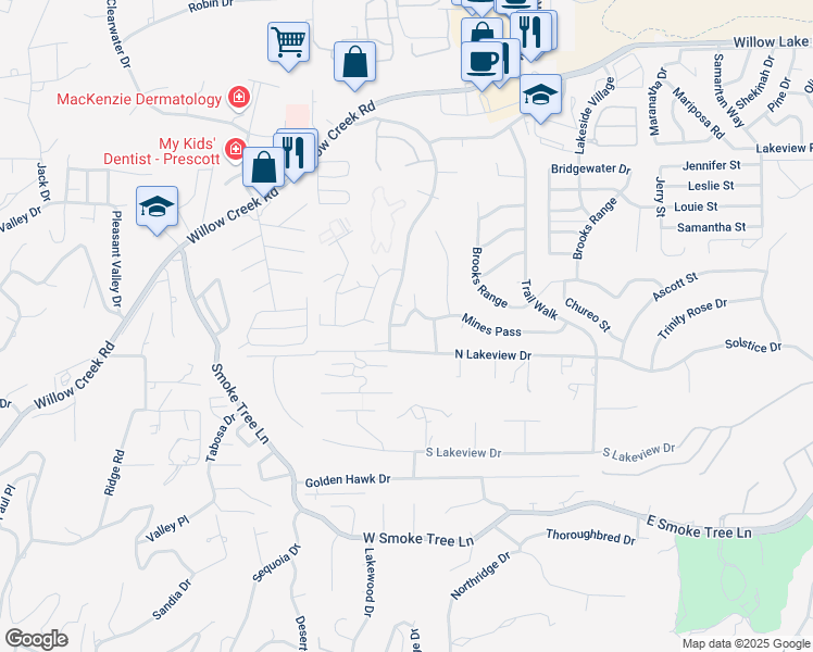 map of restaurants, bars, coffee shops, grocery stores, and more near 2917 Hualapais Drive in Prescott
