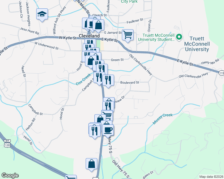 map of restaurants, bars, coffee shops, grocery stores, and more near 184 Boulevard Street in Cleveland
