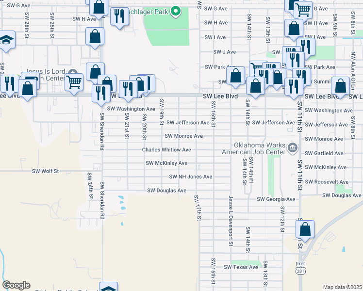 map of restaurants, bars, coffee shops, grocery stores, and more near 1714 Charles Whitlow Avenue in Lawton