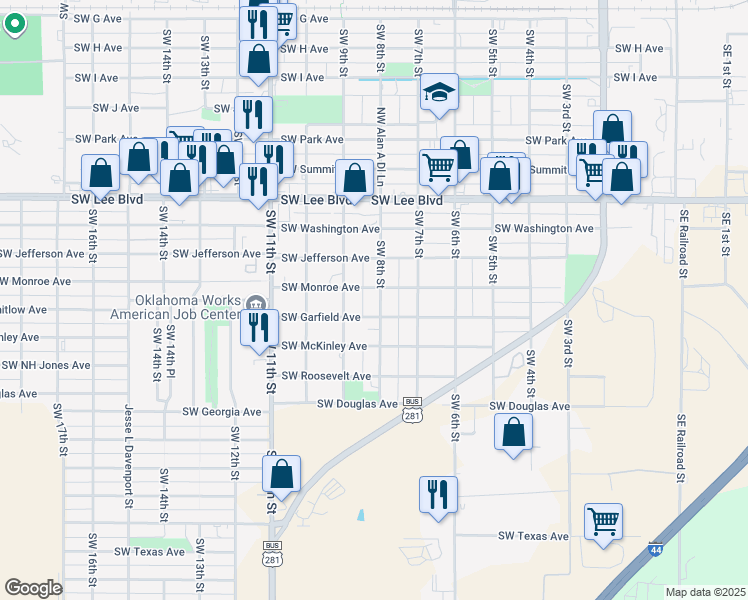 map of restaurants, bars, coffee shops, grocery stores, and more near 1602 Southwest 8th Street in Lawton