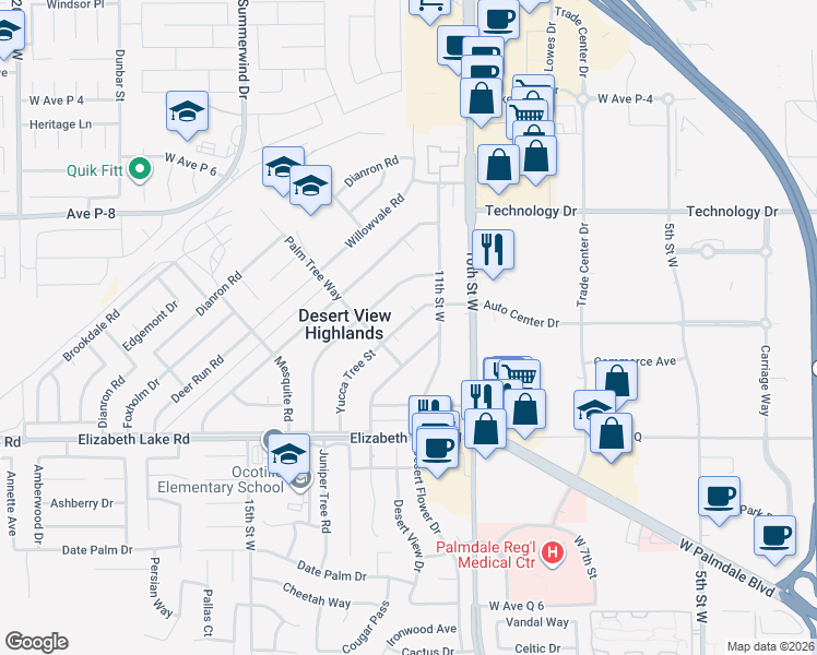 map of restaurants, bars, coffee shops, grocery stores, and more near 38968 Yucca Tree Street in Palmdale