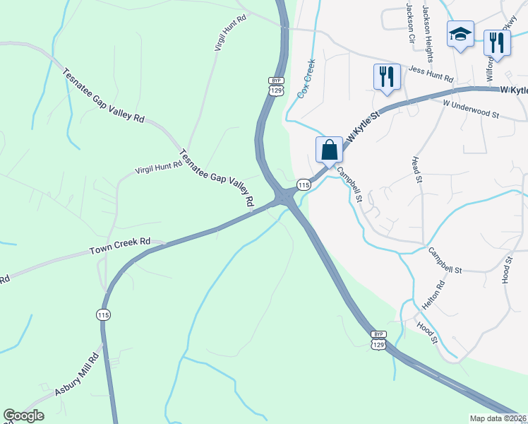 map of restaurants, bars, coffee shops, grocery stores, and more near 37 Tesnatee Gap Valley Road in Cleveland