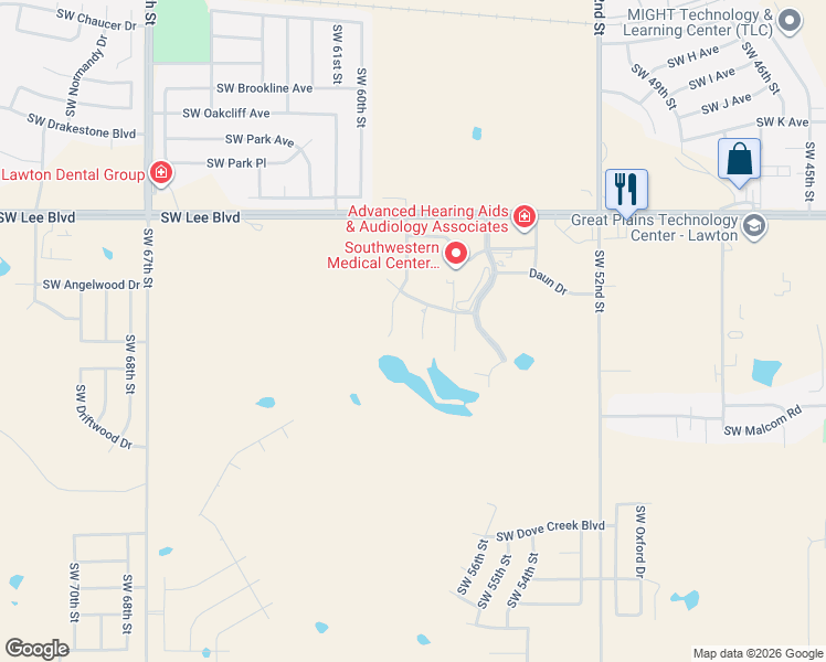 map of restaurants, bars, coffee shops, grocery stores, and more near 1611 Southwest Edward Circle in Lawton