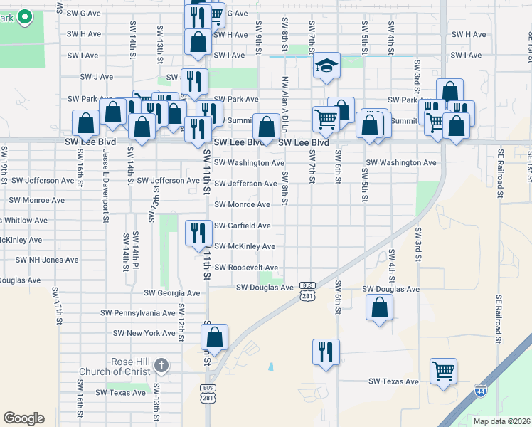 map of restaurants, bars, coffee shops, grocery stores, and more near 902 Southwest Garfield Avenue in Lawton