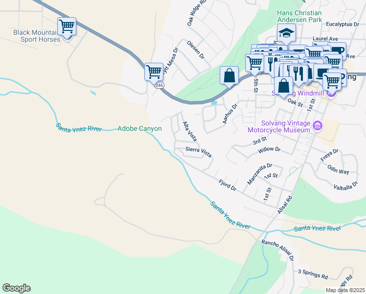 map of restaurants, bars, coffee shops, grocery stores, and more near 158 Val Verde in Solvang