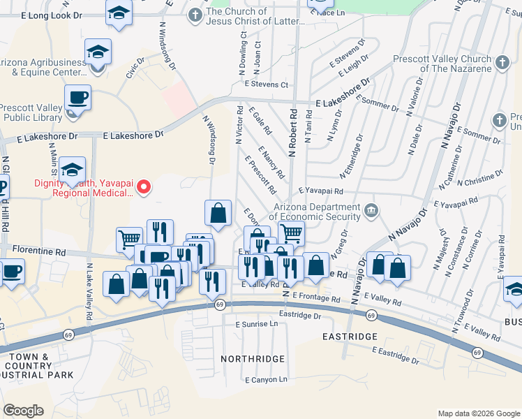 map of restaurants, bars, coffee shops, grocery stores, and more near 8151 East Barbara Road in Prescott Valley
