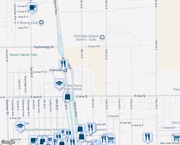 map of restaurants, bars, coffee shops, grocery stores, and more near 2 East Avenue P-12 in Palmdale