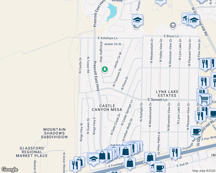 map of restaurants, bars, coffee shops, grocery stores, and more near 6256 East Knights Way in Prescott Valley