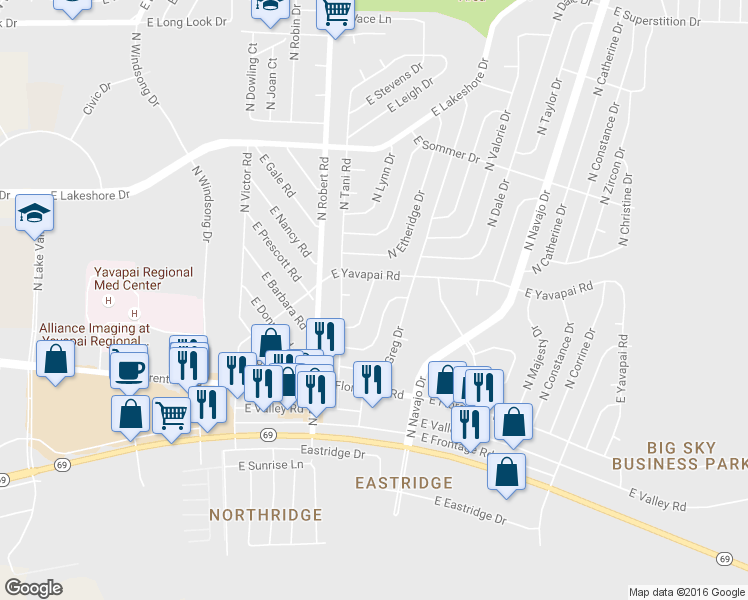 map of restaurants, bars, coffee shops, grocery stores, and more near 8333 East Yavapai Road in Prescott Valley