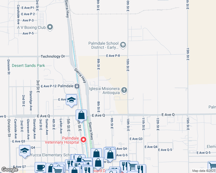 map of restaurants, bars, coffee shops, grocery stores, and more near 845 East Avenue P-12 in Palmdale