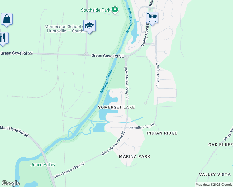 map of restaurants, bars, coffee shops, grocery stores, and more near 16013 Shropshire Drive Southeast in Huntsville