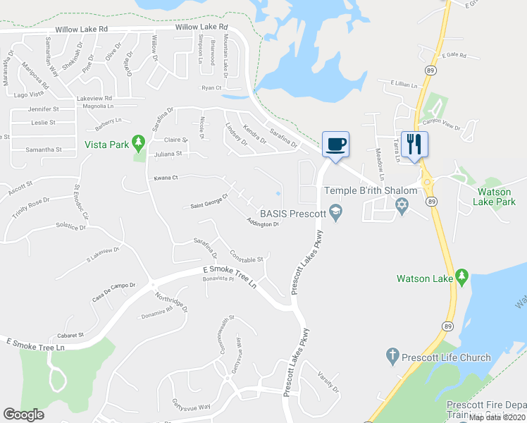 map of restaurants, bars, coffee shops, grocery stores, and more near 1486 Kwana Court in Prescott