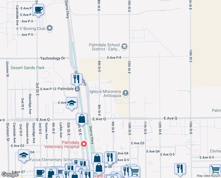 map of restaurants, bars, coffee shops, grocery stores, and more near 845 East Avenue P-12 in Palmdale