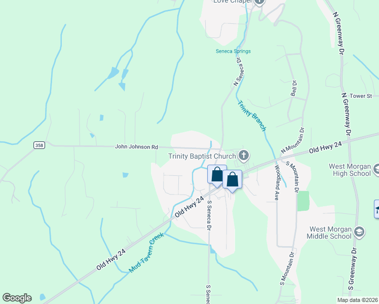 map of restaurants, bars, coffee shops, grocery stores, and more near 103 John Johnson Road in Trinity