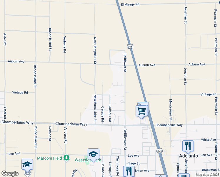 map of restaurants, bars, coffee shops, grocery stores, and more near Larkspur Road in Adelanto