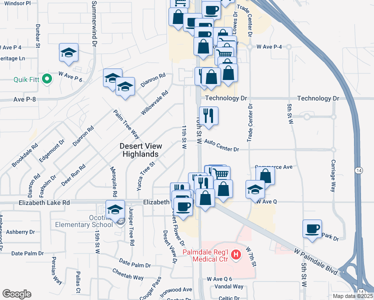 map of restaurants, bars, coffee shops, grocery stores, and more near 39027 Yucca Tree Street in Palmdale