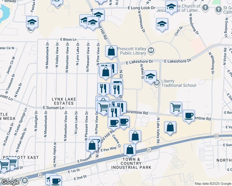 map of restaurants, bars, coffee shops, grocery stores, and more near 3322 North Glassford Hill Road in Prescott Valley