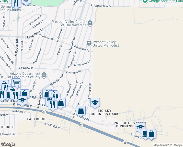 map of restaurants, bars, coffee shops, grocery stores, and more near 3385 North Yavapai Road East in Prescott Valley