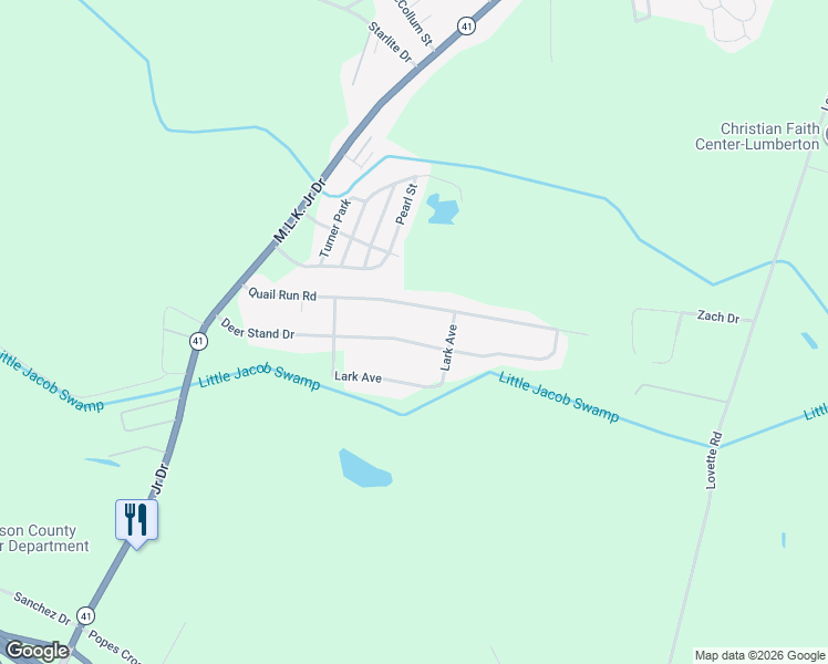 map of restaurants, bars, coffee shops, grocery stores, and more near 358 Quail Run Road in Lumberton