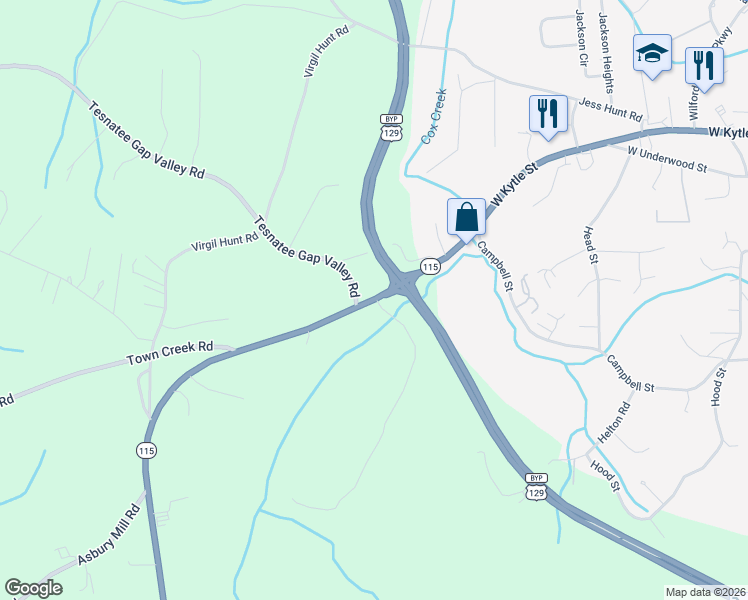 map of restaurants, bars, coffee shops, grocery stores, and more near 56-66 Tesnatee Gap Valley Road in Cleveland