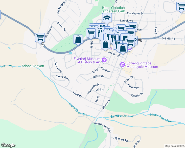 map of restaurants, bars, coffee shops, grocery stores, and more near 246 3rd Street in Solvang