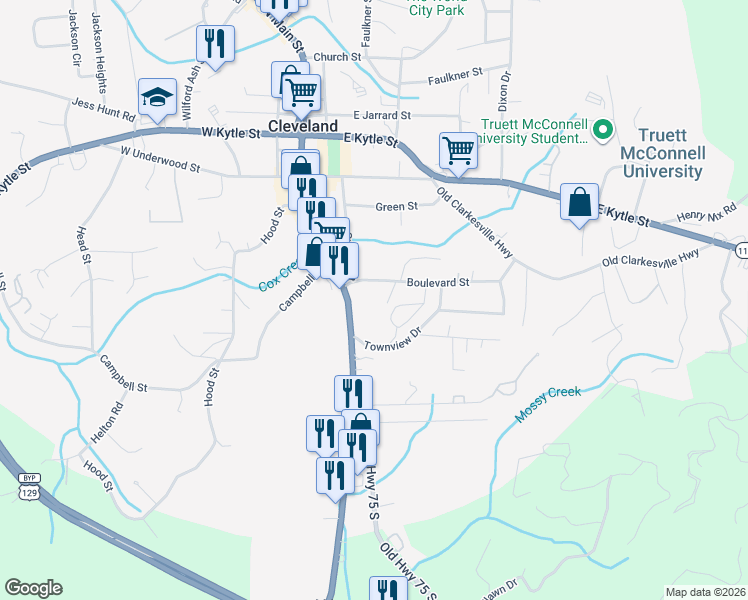 map of restaurants, bars, coffee shops, grocery stores, and more near 58 Boulevard Street in Cleveland