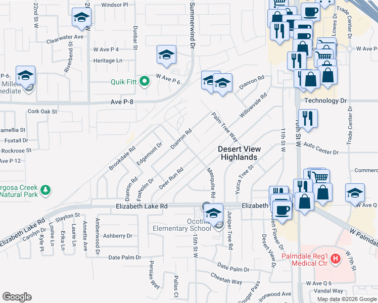 map of restaurants, bars, coffee shops, grocery stores, and more near 38994 Foxholm Drive in Palmdale