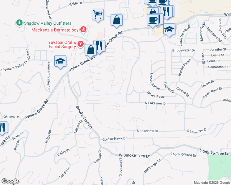 map of restaurants, bars, coffee shops, grocery stores, and more near 3070 Cascade Drive in Prescott