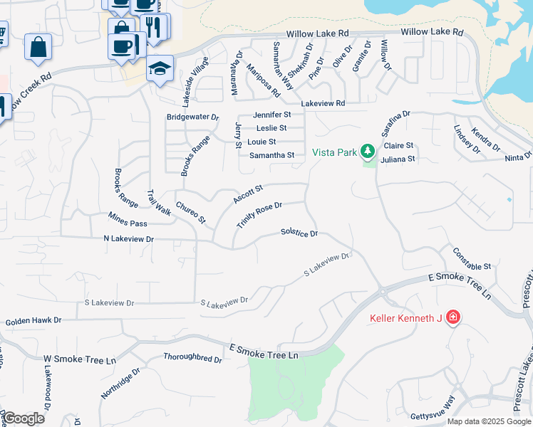 map of restaurants, bars, coffee shops, grocery stores, and more near 1729 Trinity Rose Drive in Prescott