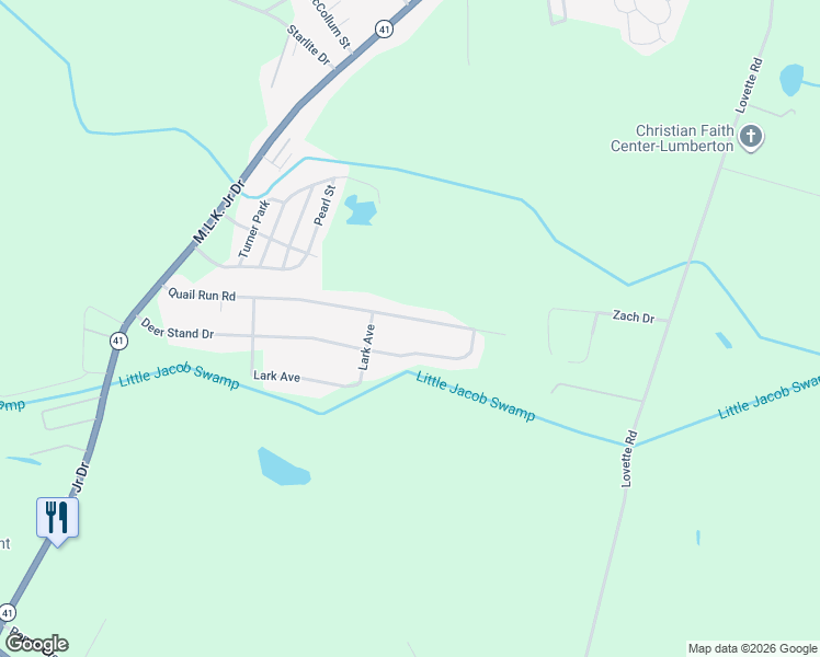 map of restaurants, bars, coffee shops, grocery stores, and more near 517 Quail Run Road in Lumberton