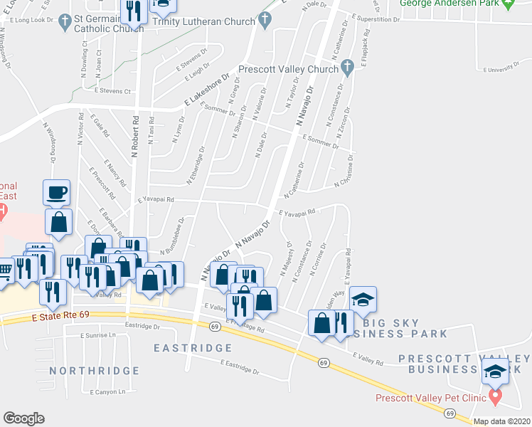 map of restaurants, bars, coffee shops, grocery stores, and more near 3349 North Needles Drive in Prescott Valley