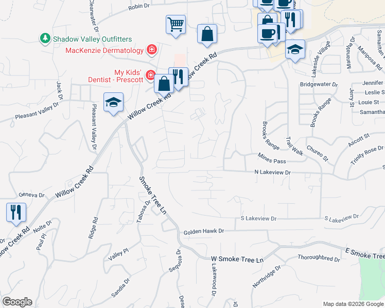 map of restaurants, bars, coffee shops, grocery stores, and more near 3070 Cascade Drive in Prescott